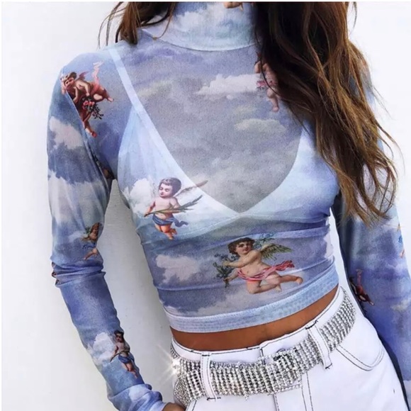 Floral Cherub Long Sleeve Crop Top  ~ Brand New - Picture 9 of 10